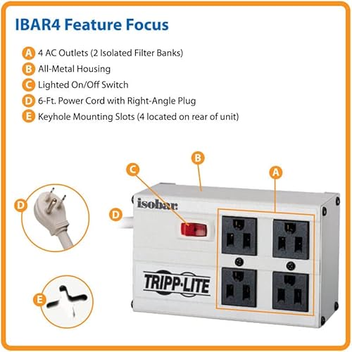 Tripp Lite Isobar 4 Outlet Surge Protector Power Strip, 6Ft. Cord, Right Angle Plug, 3330 Joules, Metal, Ibar4-6D, Gray #TOP2