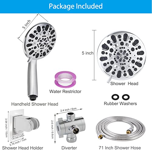 5’’ Rain Shower Head With Handheld Spray Combo, High Pressure 7-Spray Handheld Shower Head, Fixed Rain Shower Head With 3-Way Water Diverter Wall Mount Adjustable Bracket, Extra Long Hose-Chrome #TOP4