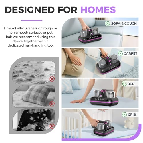 Image of Amzany Mattress Vacuum Cleaner - 5-in-1 Cordless Bed Vacuum Cleaner, Powered by Ultrasonic Technology, 16Kpa Strong Suction,Low Noise,Suitable for Dust, Pet Hair, Etc - Gray Purple