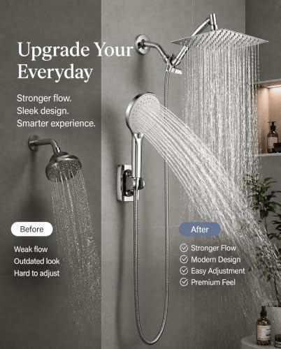 Image of 10 Inch Rainfall Shower Head with Handheld Combo and Extension Arm | Large rainfall shower head set with handheld sprayer, 11 inch adjustable arm, 59 inch hose, standard 1 /2 inch wall connection