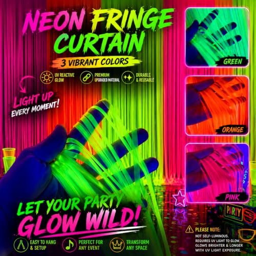 Image of 3 Pack Glow in the Dark Party Supplies, Foil Fringe Curtains, 9.9 x 6.6 ft | Neon party decorations and glow party backdrop for blacklight birthday parties, photo booths, graduations and dance parties