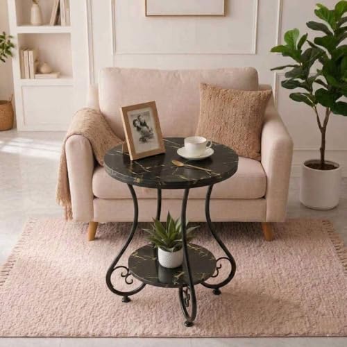 Image of CARTADEN 2 Tier End Table in Living Room, Industrial Style Round Bedside Table with Storage, Small Outdoor Coffee Table for Bedroom Balcony Patio Full Black