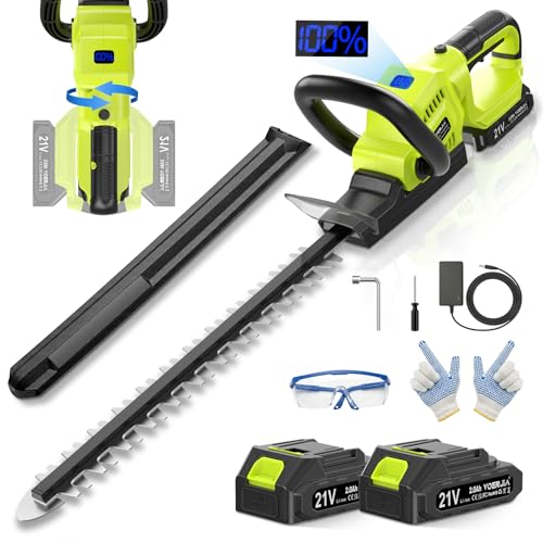 VOERJIA 21V Lightweight Cordless Hedge Trimmer & Clippers, 20' Electric Bush Trimmer with 2X 2.0Ah Batteries, LCD Display, 180° Rotating Handle, 3000RPM Dual-Action Blades, 2/3' Gap for Shrubs