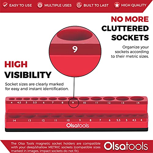 Image of Olsa Tools Magnetic Socket Holder - 1 /4-Inch Drive Metric Socket Organizer with Strong Magnets - Professional Tool Holder and Tool Organizer - Holds up to 26 Sockets - Red - Part: 1301