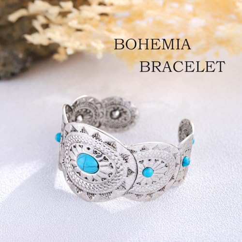 Boho Cuff Bracelets for Women Silver Wide Bracelet Chunky Turquoise Bracelets Western Cowgirl Bangle for Holiday2