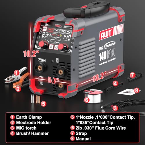 Image of AWT LED Digital Display 140Amp MIG Welder Flux Core MIG Welder /Stick /Lift TIG 3 in 1 Welding Machine,Welder Machine 110V With Synergy IGBT Inverter, Portable Gasless Welder Equipment