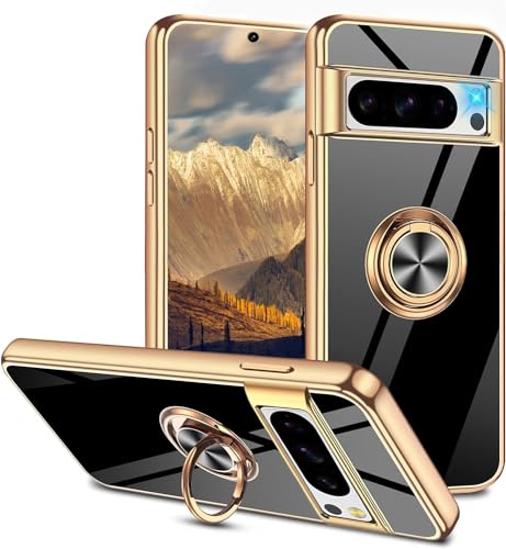 Google Pixel 8 Pro Case with Ring Holder Kickstand, Soft Slim Thin TPU Shockproof Electroplated, Micro-Fibre Lining Anti-Scratch Protective Phone Case for Google Pixel 8 Pro 5G, Black
