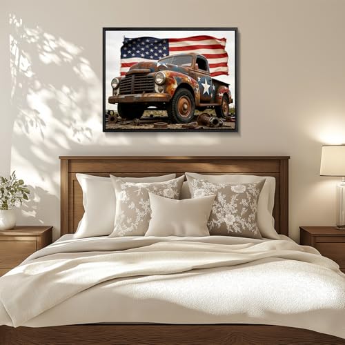 Image of American Flag Framed Canvas Wall Art, 4th of July Canvas Prints, USA Flag with Truck Patriotic Decorations, Vintage Independence Day Wall Decor for Bedroom Living Room Dining Room Office 24x32