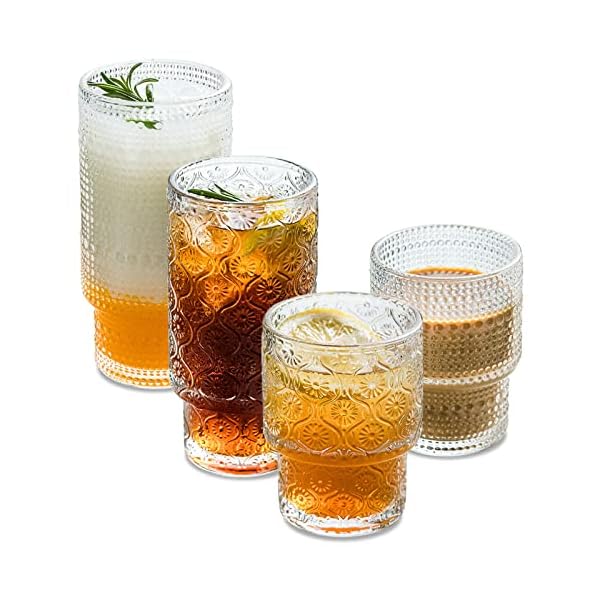 POLIDREAM Vintage Glassware Set of 4 pcs Glass Cups, 2 Embossed Stackable Pattern Style & 2 Raindrop Origami Style, Elegant Old Fashioned Glasses, Ideal for Whiskey, Cocktail, Ice Coffee, Beer POLIDREAM Vintage Glassware Set of 4 pcs Glass Cups, 2 Embossed Stackable Pattern Style & 2 Raindrop Origami Style, Elegant Old Fashioned Glasses, Ideal for Whiskey, Cocktail, Ice Coffee, Beer