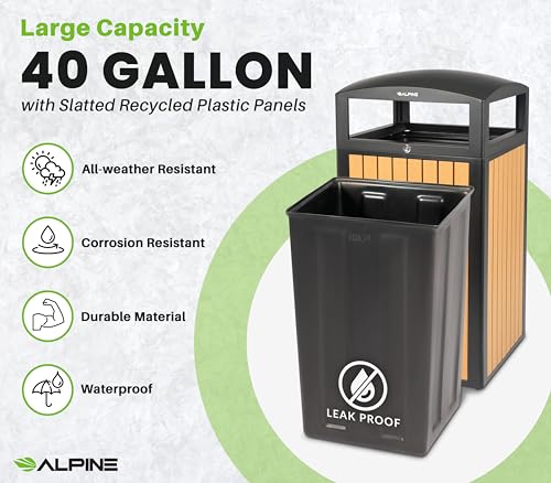 Image of Alpine 40 Gallon Commercial Outdoor Trash Can with Lid - Modern Heavy Duty Large Outdoor Garbage Can with Durable Plastic Bin, Slatted Recycled Plastic Panels for Parks, Trails & Resorts (CD)