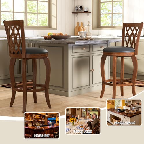 Image of 29 inch Bar Stools Set of 2, Bar Height Swivel for Kitchen Island, Farmhouse Barstool Counter Chair with Back and Footrest, Upholstered Wood Barstools, Brown