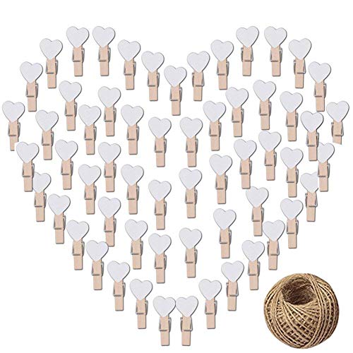 CozofLuv 100 Stk Mini Holzklammern Herz Klammern Holz Deko Klein Wäscheklammern Dekoklammern Plus 50 Meter Jute Bindfaden (Weiß) Cover
