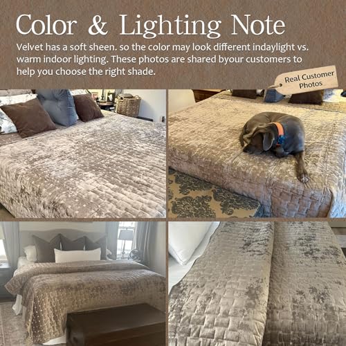Image of Grassix Velvet Quilt Set King Size, Luxury Geometric Design, Mocha Brown