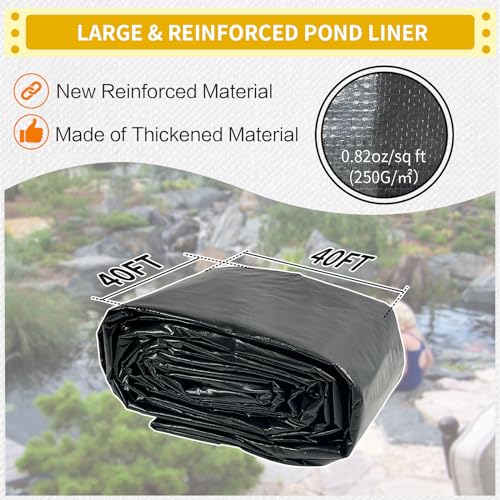 yeezoo 40X40FT Reinforced Large PE Pond Liner, KOI Pond Liners for Outdoor Ponds, Enhanced 5-Layer Structure Pond Liner for Fish, Duck, Garden Raised Bed and Waterscape Pond(0.82oz/sq ft Thickness)