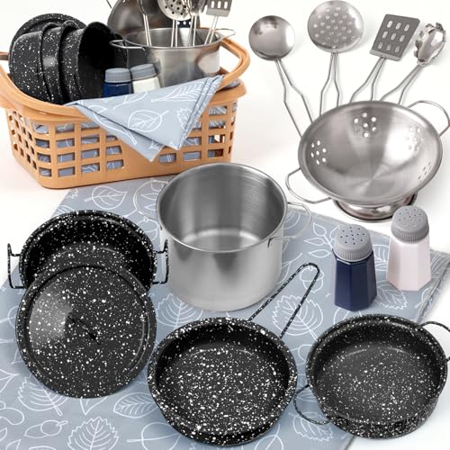 Veitch fairytales Kids Play Kitchen Toy Accessories Set Toddler Cooking Playset Colorful Stainless Steel Pots and Pans Birthday Gifts for 3+ Girls Boys (New Black)
