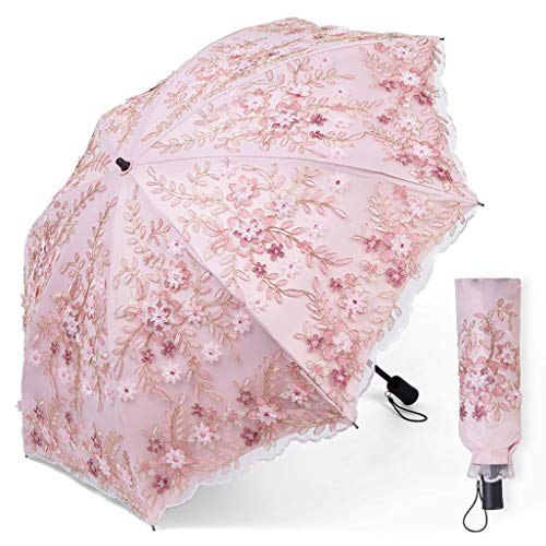 JIAJU Protección Anti-Ultravioleta Bordado de Encaje Protección Solar Parasol Plegable Paraguas para la Lluvia Boda Floral Nupcial Verano Paraguas portátil Ligero Paraguas Compacto para Viajes
