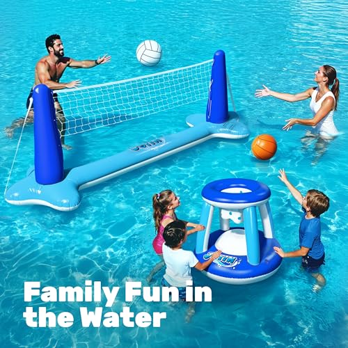 Image of JOYIN Inflatable Volleyball Net & Basketball Hoops Pool Float Set; Balls Included for Kids /Adults, Summing Pool Game, Floating, Summer Floaties, Volleyball Court |Basketball,L-Dark Blue