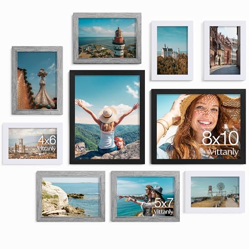 Image of Vittanly Picture Frames Set of 10, Picture Frames Collage Wall Decor with Two 8x10, Four 5x7, and Four 4x6 Photo Frames, Gallery Wall Frame Set for Wall or Tabletop Display, Black, Grey and White