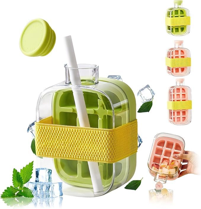 Ice Cube Bottle with Straw, 2 in 1 Water Bottle Ice Cube Tray with Lid and Bin, Touch-Free Ice Cube Tray for Freezer Portable and Waterproof Used as Water Cups (Green, 500ml)