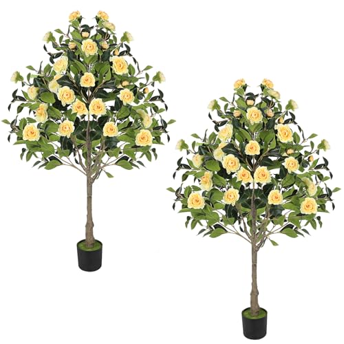 FANSXIVITA 4FT Artificial Camellia Tree 2 Pack 47 Faux Camellia Plant with Black Pot Realistic Leaves and Silk Floral Blooming for Indoor Outdoor Home Office Porch Decor Yellow