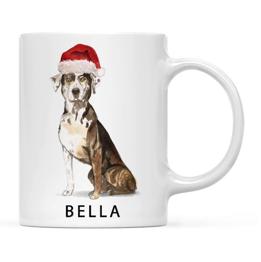 INKOLOGIE Personalised 11oz. Dog Coffee Tea Mug Gift, Catahoula Leopard Dog with Red Christmas Santa Hat, 1-Pack, Custom Name