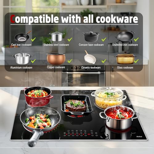 Image of Hobsir 30 Inch Electric Cooktop, 5 Burners 30 Cooktop, Electric Stove Top Burner, 8400W Drop-in Ceramic Stove with Glass Metal Frame, Dual Zone, Timer, Safety Lock, 220-240V, Hard Wired (No Plug)