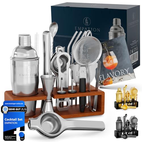 EMPATION Cocktail Set, 700ml Cobbler Cocktail Shaker aus Edelstahl, sicheres Ausgießen & kein Verschütten, Profi Cocktail Shaker Set mit Ständer & Rezeptbuch, Mix Set für Barkeeper