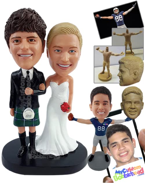 Custom Bobblehead Happy Couple with The Groom on a Classic Scotish Garment and Bride with a Nice dre