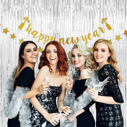 Image of Birthday Decorations Thicken Silver Streamers 2 Pack 3.3 x 6.6 FT, Tinsel Foil Fringe Backdrop Curtains, Photo Booth Props for Bachelorette, Prom, Engagement, Disco Party Decorations