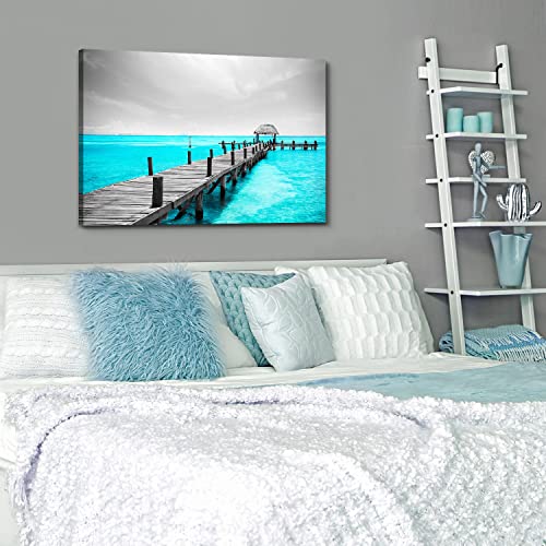 Image of Teal Blue Ocean Beach Wall Art Tropical Black and White Coastal Canvas Decor 24x36 inch Grey Mexico Cancun Bridge Seascape Prints Pictures Modern Artwork for Living Room Bedroom Bathroom Home Decoration