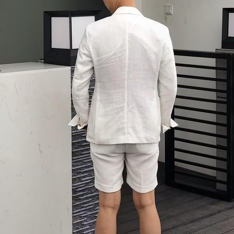 Men's Linen 2 Piece Suit Slim Fit Shorts Suit for Men Summer Casual Lightweight Beach Wedding Tuxedo Groomsmen Suits2