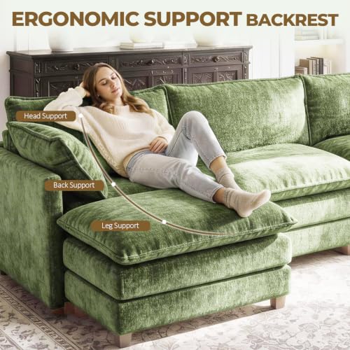 Image of LEVELEVE 146 inch U-Shape Modular Sofa with 2 Ottomans, Deep Seat Cloud Convertible Sleeper, 2 Arm Pillows, Comfortable Large Upholstered Furniture for Living Room Apartment, Green