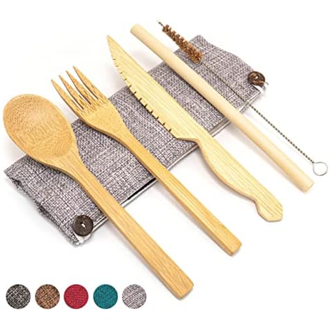 Jungle Culture® Portable Bamboo Cutlery Set | Zero Waste Reusable Wooden Cutlery | Knife, Fork, Spoon, Straw, Brush & Storage Pouch | Eco Friendly Travel Utensils | Camping Picnics Office Cover