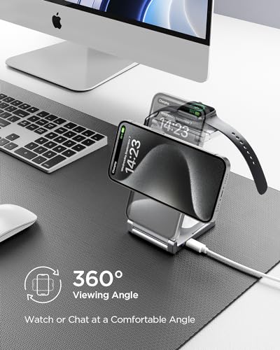 Image of Magnetic Charging Station,Hohosb 3 in 1 Foldable Zinc Alloy Wireless Charger Stand[Compatible with Magsafe Charger] for iPhone 15 /14 /13 /12 Series,AirPods Pro /3 /2,Apple Watch /iWatch(Titanium Grey)