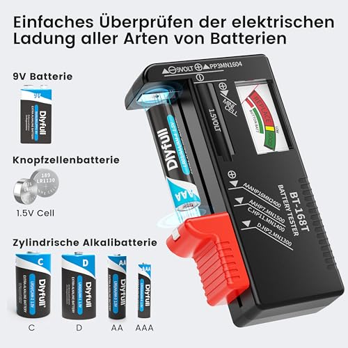 Dlyfull Batterietester – Batterie Tester für AA, AAA, C, D, 9V & 1.5V Knopfzellen – Akku Tester & Batterieprüfgerät ohne Strom – Präzises Batterie Messgerät für Haushalt & Profi (BT-168 Pro) 2