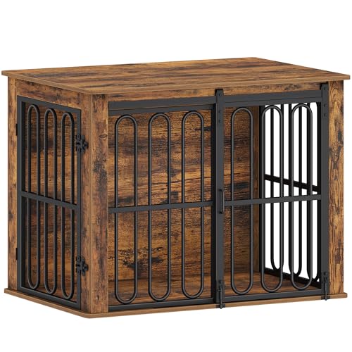 HEXCELEN Hundekäfig-Möbel aus Holz, 81 cm Hundebox für Zuhause, Hundekäfig mit 2 Türen, Schiebetüren, für Kleine, Mittlere Hunde, Robuster, Beistelltisch, 81 × 55 × 62,4 cm, Braun