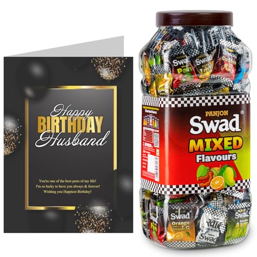 Image of Swad Happy Birthday Husband Gift with Card (Swad Mixed Flavours Candy 200 Jar & 1 Greeting card) 2 units