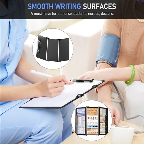 Image of Nursing Clipboard Foldable, Foldable Clip Board w /Nursing Edition Cheat Charts, 3 Layers Aluminum, Nurse Clipboards w /Low Profile Clip & Pen Clip Pocket for Students, Nurses and Doctors, Black