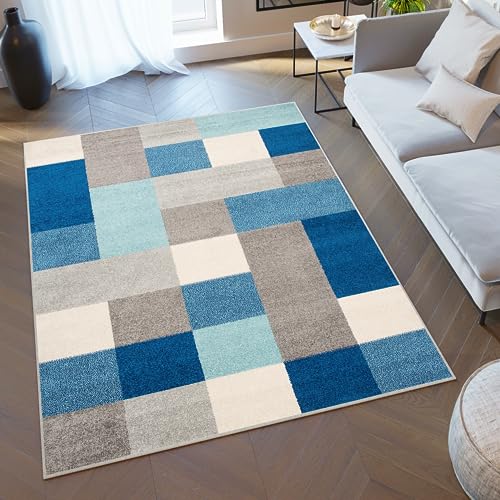TAPISO Lazur Alfombra de Pelo Corto Resistente Diseño Moderno Tonos de Azul Gris Crema Alfombra de Dormitorio Habitación Infantil Juvenil Salón Oeko-Tex 180 x 260 cm