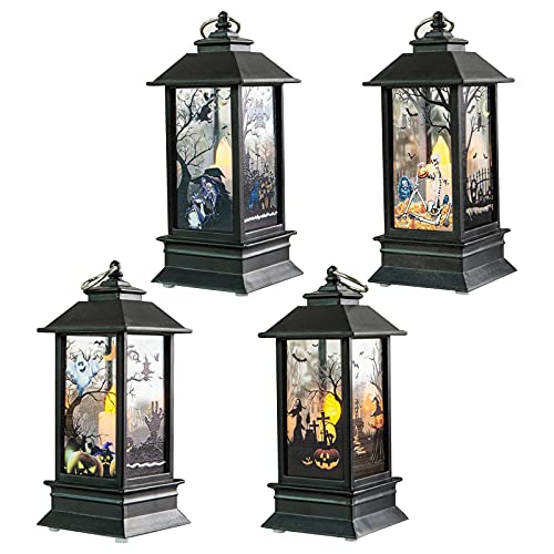 4 STK. Halloween Laterne Halloween Laterne LED Nachtlicht Dekorative Kerzen Laternen im Freien Halloween Hängende Windlampe LED Flackernde Flammenlose Kerzen mit Batterie für Garden Landscape Bar