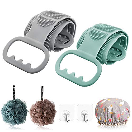 2 pieces Silicone Back Scrubber for Shower, Body Wash Bath Exfoliating Skin Massage Lengthen Scrubbing Belt, Bath Shower Loofah, Shower Caps