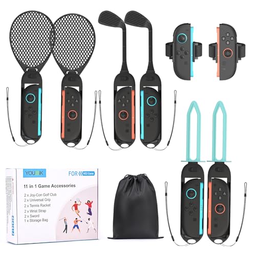 Younik Switch 2 Sports Accesorios, 11 en 1 Switch 2 Deportes Bundle con Palos de Golf, Raquetas de Tenis, Empuñaduras de Espada, Empuñaduras de Espada y Correas de Muñeca, Compatible Switch 2 (2025)