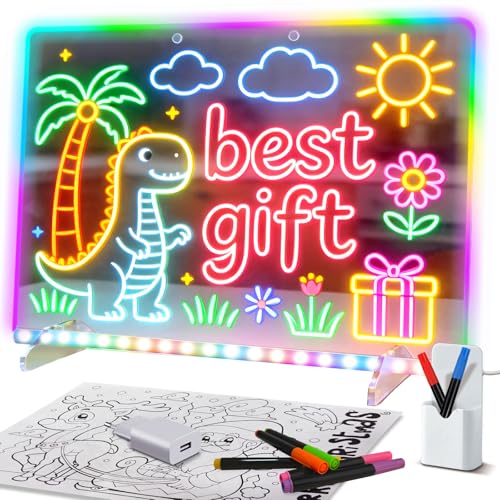 LED Zeichenbrett Kinder Kreatives Lernspielzeug für Mädchen Jungen 4-8 Jahre Leuchttafel mit 8 Farben & 6 Lichtmodi Wiederverwendbare Maltafel mit Neon Stiften Geschenk für Kinder