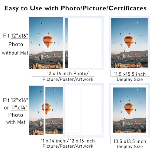 Image of JCJMY 12x16 Picture Frame White with 11x14 Mat, Display Photo 11x14 with Mat or 12 x 16 Without Mat, Wall Hanging Large 12 by 16 Frame with Plexiglass, White