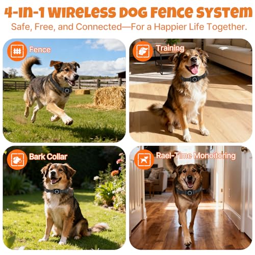 Wireless Dog Fence System: Electric Fence for Dogs 4-in-1 Dog Training Collar with Remote, Bark Control, Status Monitor Waterproof Electric Fence for Medium Large Dogs Outdoor Use - Image 4