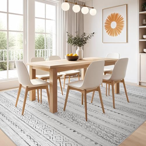 Nakagishi 9x12 Area Rug Living Room: Washable Boho Large Neutral Modern Soft Farmhouse Rugs Stain Resistant Indoor Floor Non-Slip Carpet for Bedroom Nursery Kids Playroom Office Dining Room- Grey