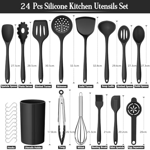 Onader Black Kitchen Utensils Set, 24 Pcs Silicone Cooking Utensils with 10 Hooks, Heat Proof Kitchen Tools Include Spatula Spoon Turner Tong for Non-Stick Cookware - Image 3