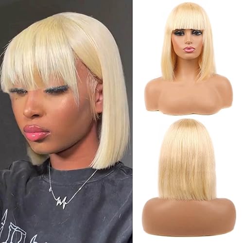 Huarisi Straight Human Hair Bob Wigs with Bangs 613 Short Hair Wigs None Lace 10 Inches Brazilian Hair Wigs Blonde Straight Wigs for Women 150 Density Breathable Cover