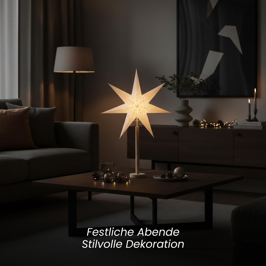 Stehlampe Weihnachtsstern Elice von Star Trading, 3D Papierstern Weihnachten mit Holz-Fuß in Natur, Dekostern Stehleuchte mit Kabelschalter, E14, Höhe: 85 cm