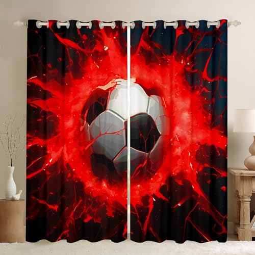 Feelyou Football Curtain for Bedroom Living Room Kids Sports Theme Darkening Drapes Women Men Red Black Soccer Ball Pattern Window Curtains Ball Game Decor Window Treatments (2 Panels? 42 x 63 Inch)